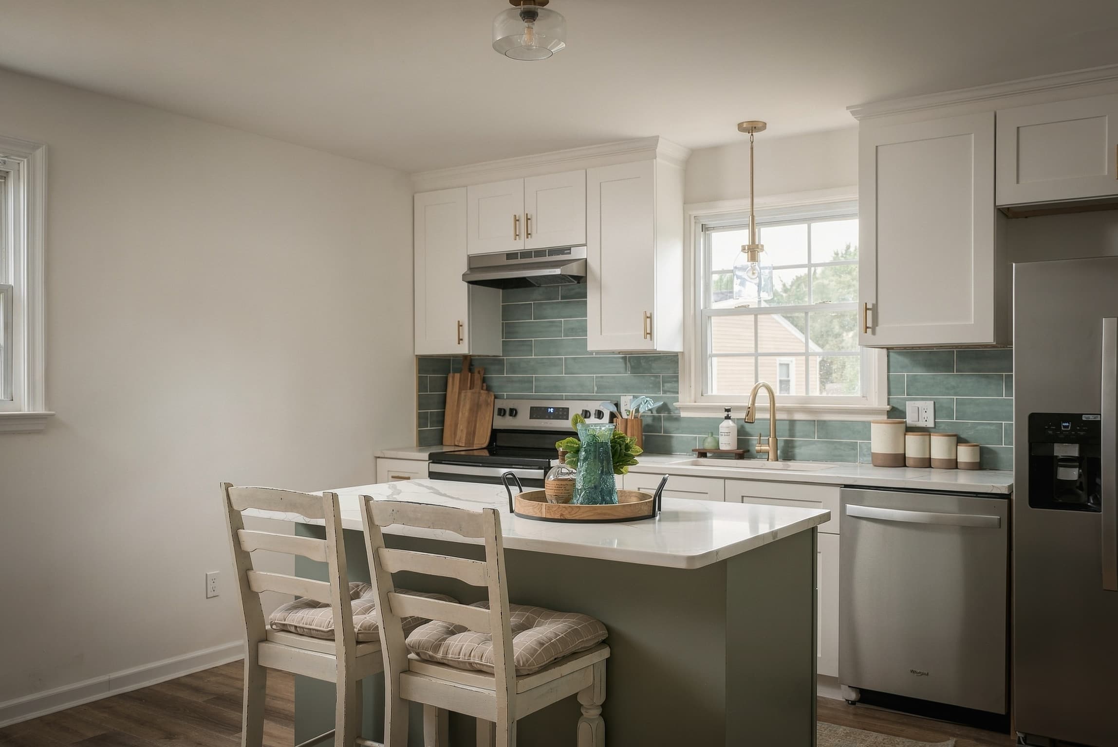 Finished kitchen with a sage-green island and bar stools